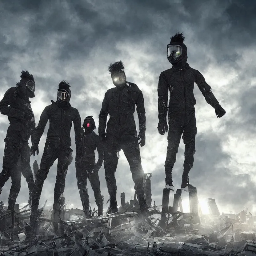 Prompt: starset band standing over an apocalyptic ruined distopian future city in an epic cinematic shot, with red haze, performing a music video