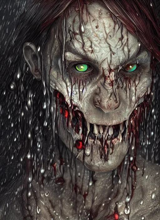 Image similar to digital painting of a wet zombie in the rain by filipe pagliuso and justin gerard, fantasy, highly detailed, realistic, intricate, glowing eyes