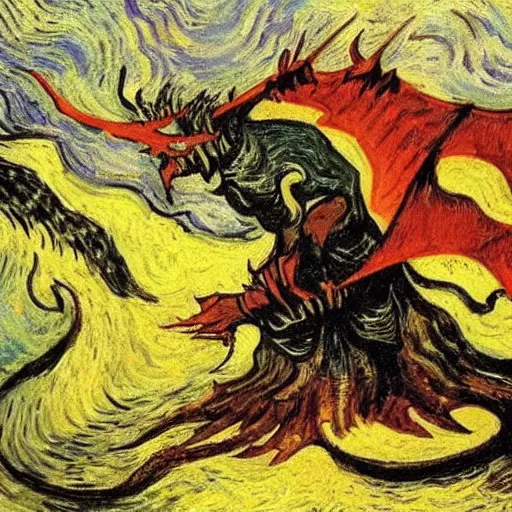 Prompt: bilbo slaying smaug with sting encircling mount doom. painting by van gogh