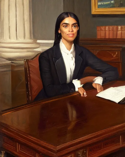 Image similar to official close - up portrait of the united states president, alexandria ocasio - cortez, resolute desk, 1 8 4 8, oil on canvas by william sidney mount, trending on artstation, national archives