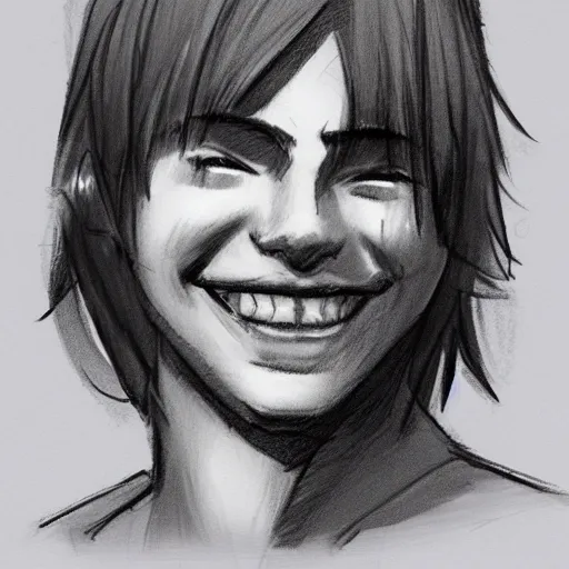 Prompt: sketch of a teenage boy with very short side part hair and a smile, trending on artstation