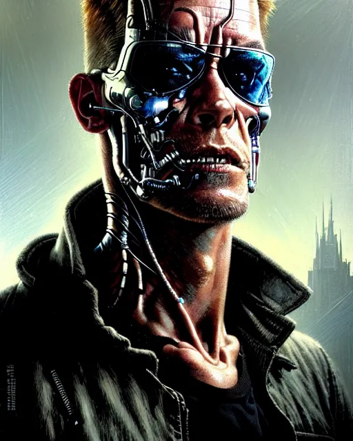 Image similar to a portrait of the terminator fantasy character portrait, ultra realistic, cinematic, concept art, wide angle, intricate details, hologram, highly detailed by greg rutkowski, aaron horkey, gaston bussiere, craig mullins, simon bisley, arthur rackham