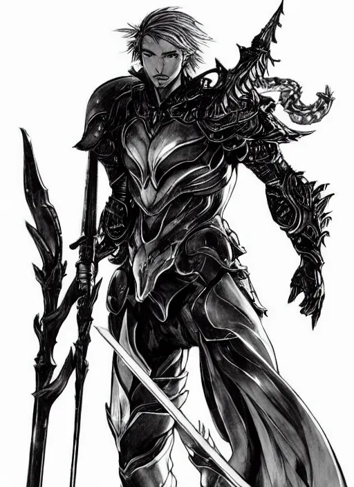 Prompt: Half body portrait of a handsome red haired elven prince with dragon eyes in light armour and a spear. In style of Yoji Shinkawa and Hyung-tae Kim, trending on ArtStation, dark fantasy, great composition, concept art, highly detailed.
