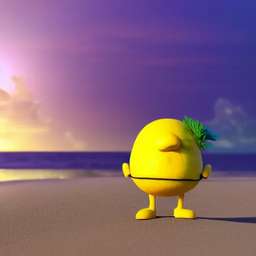 Image similar to 3 d octane render, of an anthropomorphic lemon character inspired by cartoon adventure time with lemon skin texture, it is wearing a hat, building a sandcastle on the beach at sunset, beach, huge waves, sun, clouds, long violet and green trees, rim light, cinematic photography, professional, sand, sandcastle, volumetric lightening