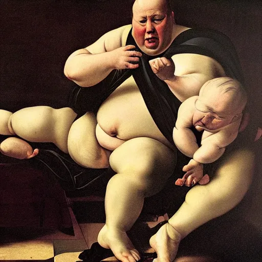 Image similar to obese alex jones falls over, painted by caravaggio