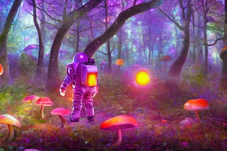 Image similar to an astronaut walking in an enchanted fantasy forest. colorful. glowing mushrooms. photorealism.