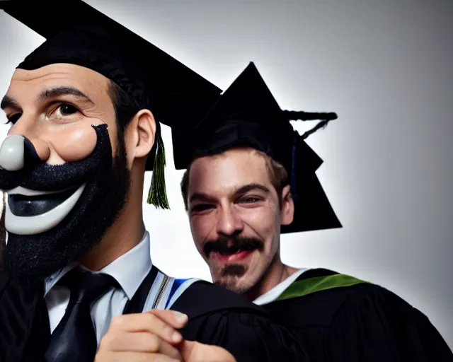 Prompt: man wearing guy fawkes mask accepts award, university graduation pose, photo, cinematic lighting