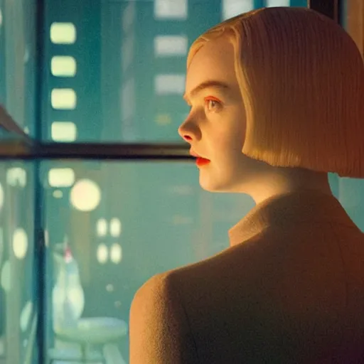 Prompt: Elle Fanning as an android in the world of Edward Hopper, stormy weather, extremely detailed masterpiece, oil on canvas, low-key neon lighting, artstation, Blade Runner 2049, Roger Deakin’s cinematography, by J. C. Leyendecker and Peter Paul Rubens,