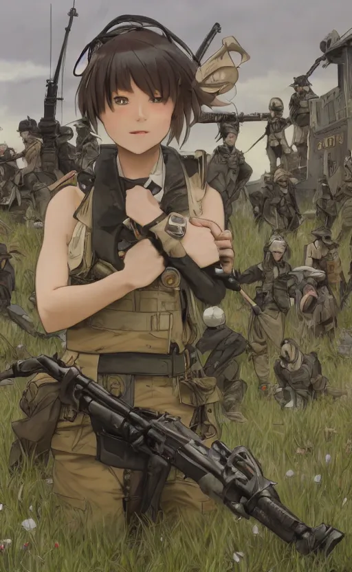 Prompt: panoramic view, girl, soldier clothing, battlefield in background, anime style, short hair, hair down, realistic anatomy, symmetrical facial features, from arknights, hyper realistic, 4 k, rule of thirds, extreme detail, detailed drawing, safebooru, realistic lighting, by alphonse mucha, greg rutkowski, sharp focus, backlit