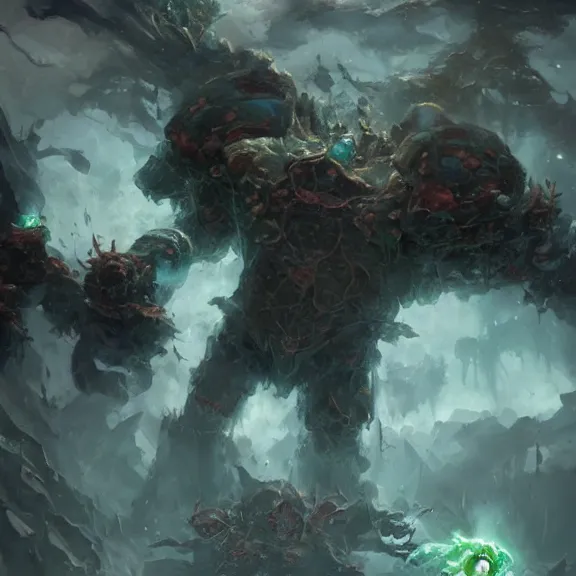 Image similar to chrysoprase golem still frame from warhammer movie, legendary magical crystal construct by esher, crystal golem fighting vast army by jakub rozalski, chrysoprase lightning elemental by peter mohrbacher