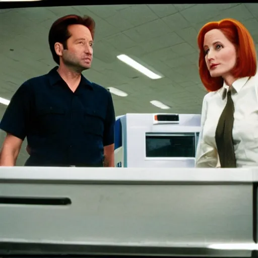Prompt: mulder and scully investigate the fridge at the dmv, television still