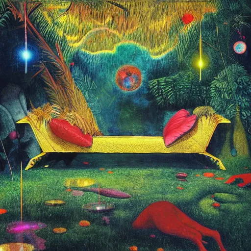 Image similar to psychedelic couch sofa in the lush forest, milky way, designed by arnold bocklin, jules bastien - lepage, tarsila do amaral, wayne barlowe and gustave baumann, cheval michael, trending on artstation, mediterranean, star, sharp focus, colorful refracted sparkles and lines, soft light, 8 k 4 k