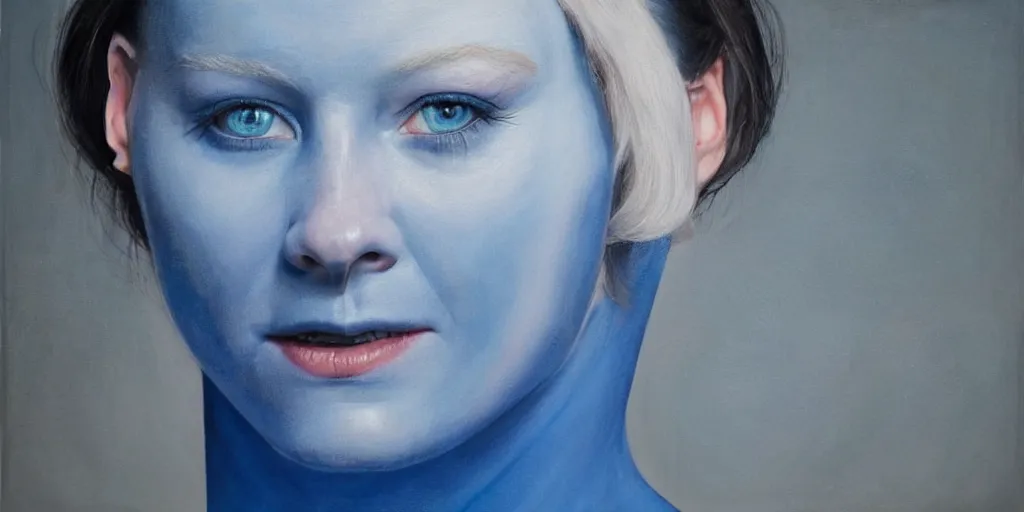 Prompt: with malice, your blue skin, with malice, your blue eyes, with malice, your, white smile with malice, your whole body, at last, with malice, with malice, will it be when i stay awake thinking of her, does she think a little about me? painting by gottfried helnwein