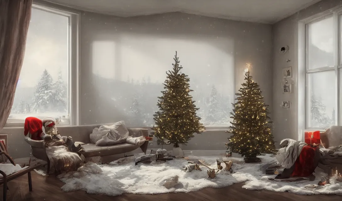 Image similar to a christmas eve in a beautiful home, photorealistic landscape painting on the wall, ascher clemens, home, interior, octane render, deviantart, greg rutkowski, cinematic, key art, hyperrealism, canon eos c 3 0 0, ƒ 1. 8, 3 5 mm, 8 k, medium - format print