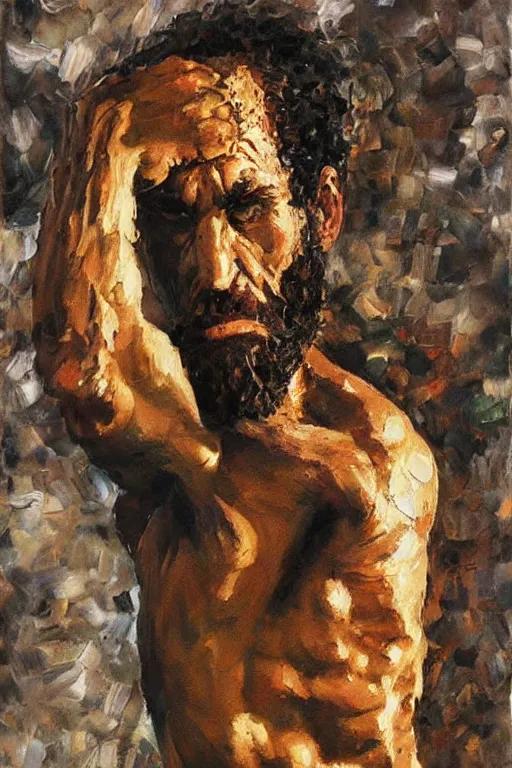 Image similar to highly detailed palette knife oil painting of a historically accurate depiction of the ancient biblical philistine giant warrior Goliath of Gath, fierce, menacing, by Peter Lindbergh, impressionistic brush strokes, painterly brushwork