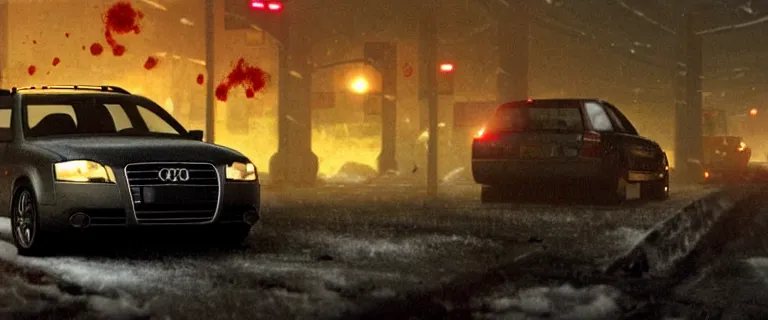 Image similar to Audi A4 B6 Avant (2002), a gritty neo-noir, dramatic lighting, cinematic, eerie person, death, homicide, homicide in the snow, viscera splattered all over the car, gunshots, establishing shot, extremely high detail, photorealistic, arson, burning city, cinematic lighting, artstation, by simon stalenhag, Max Payne (PC) (2001) winter New York at night, In the style of Max Payne 1 graphic novel, flashing lights, Poets of the Fall - Late Goodbye