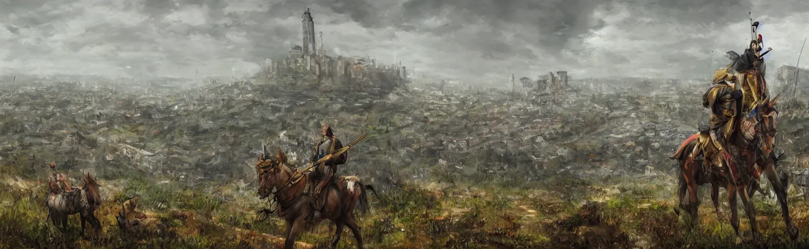 Image similar to horseback knights at scenic overlook; cloudy, grey skies, walled fort city deteriorating office buildings in background on hill; forest; la Bastille, post apocalyptic, grungy; colorful, artstation