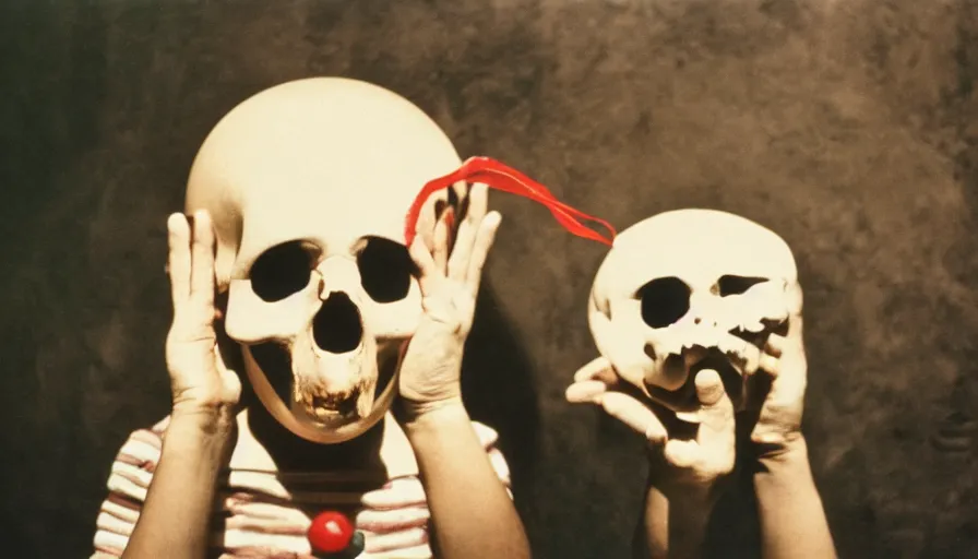 Image similar to 7 0 s film still from a horror movie featuring a child holding a skull and balloon, kodachrome, cinecolor, cinestill, photorealism, cinematic, film grain, film texture, vhs recording