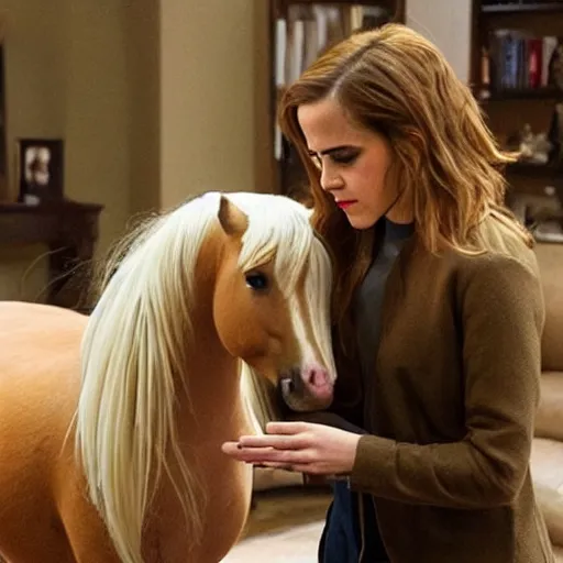 Image similar to emma watson transforming into a blonde horse in the middle of a living room, anthropomorphic mare