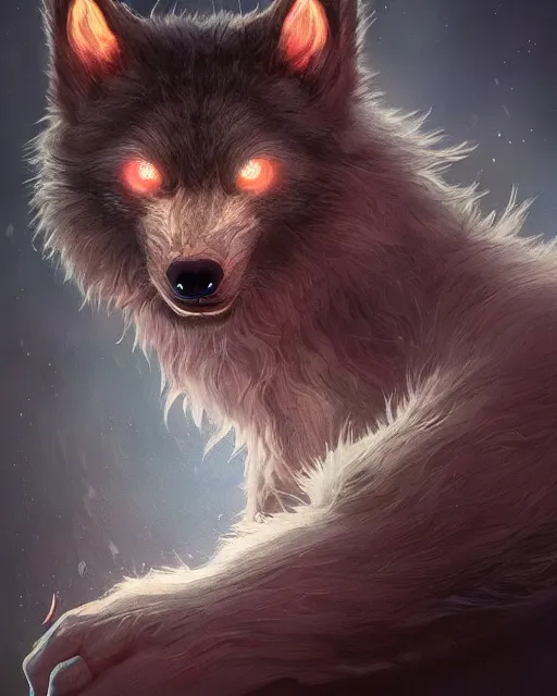 Image similar to one singular portrait of a cute bioluminescent werewolf cub with glowing eyes, highly detailed, digital painting, cinematic, hyper realism, dark retrowave, art by Stanley Lau and Artgerm and magali villeneuve and Alphonse Mucha, artstation, octane render, cgsociety