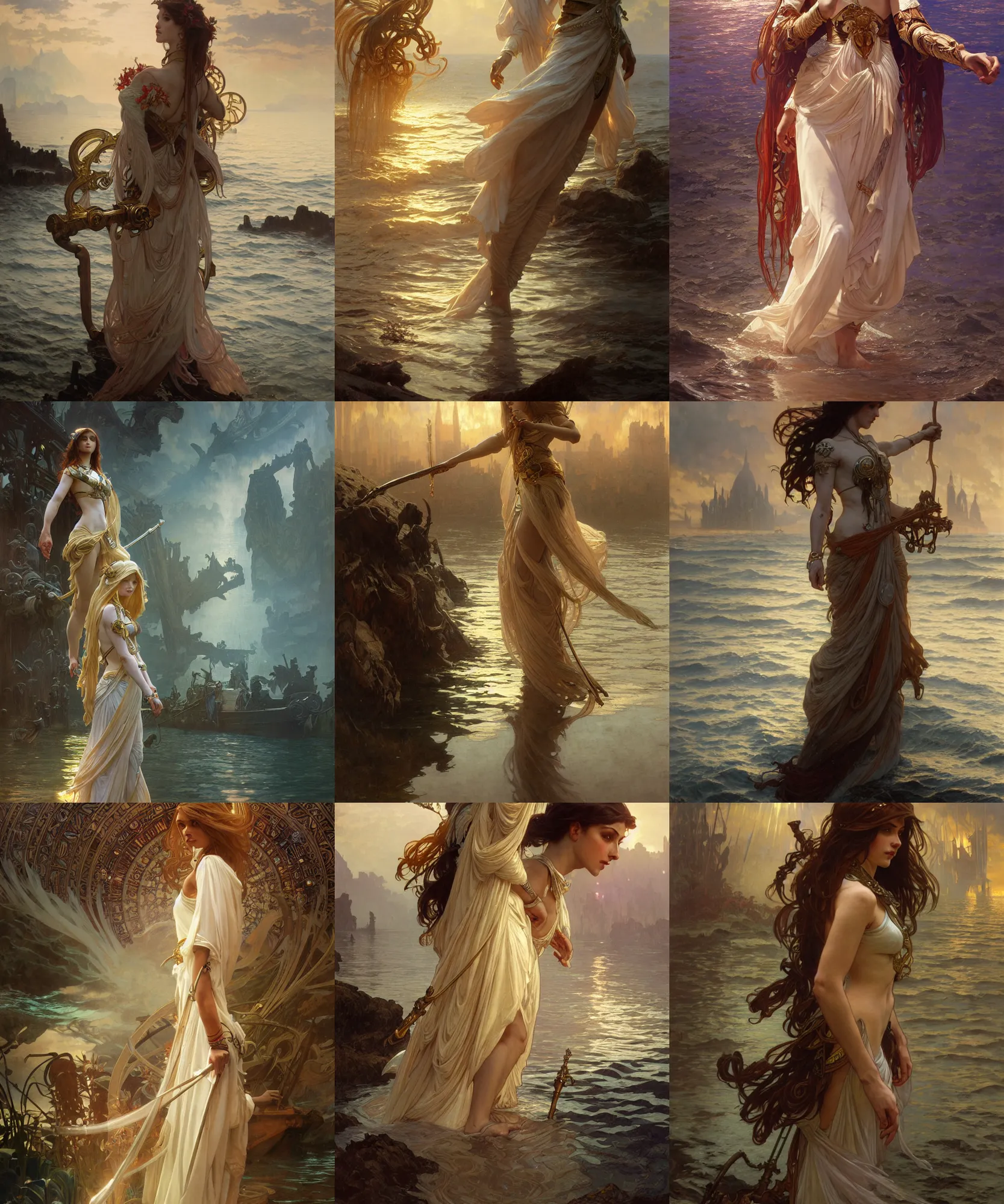 Prompt: intricate, 8 k highly professionally detailed, hdr, cgsociety, dark fantasy, dynamic lighting, cinematic, pristine, smooth, cosplay, elegant, sharp focus, beautiful glowing woman walking over the water and pulling a giant ark behind her, art by alphonse mucha and greg rutkowski,