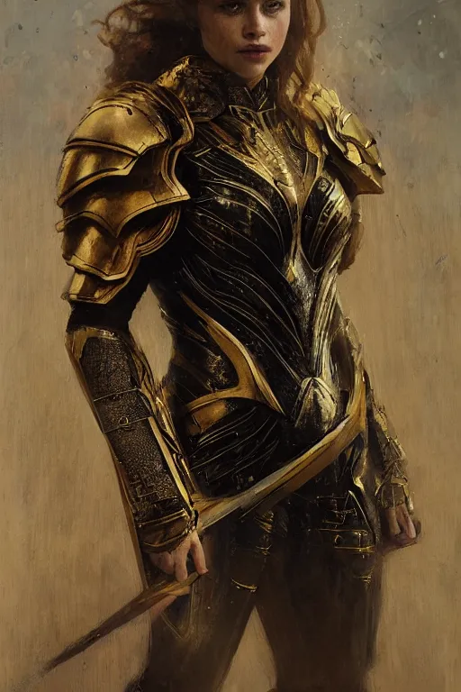 Image similar to redhead emilia clarke wearing black and gold geometric armour, bare legs, detailed, by gaston bussiere, bayard wu, greg rutkowski, giger, maxim verehin, greg rutkowski, masterpiece, sharp focus, cinematic lightning