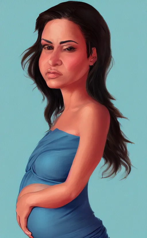 Image similar to a front view portrait of a hispanic pregnant lady editorial advertising illustration, trending on artstation