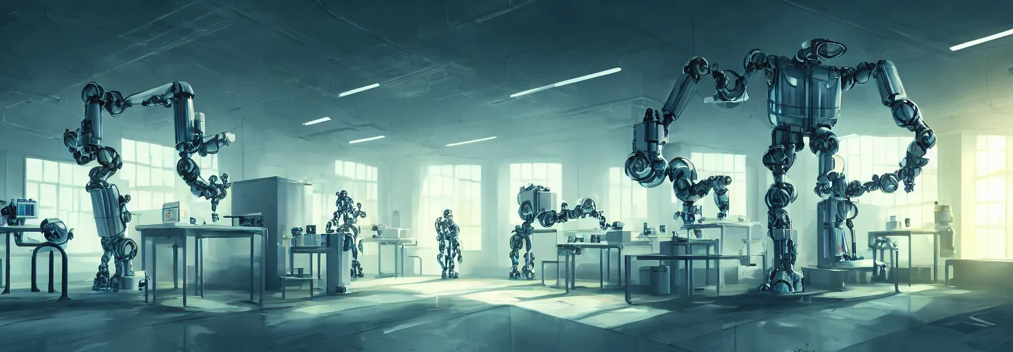 Prompt: brightly sunlit organic chemistry laboratory filled with chemicals run by one abandoned multiarmed bipedal robot, science fiction industrial hard science concept art, 8K render octane high definition cgsociety