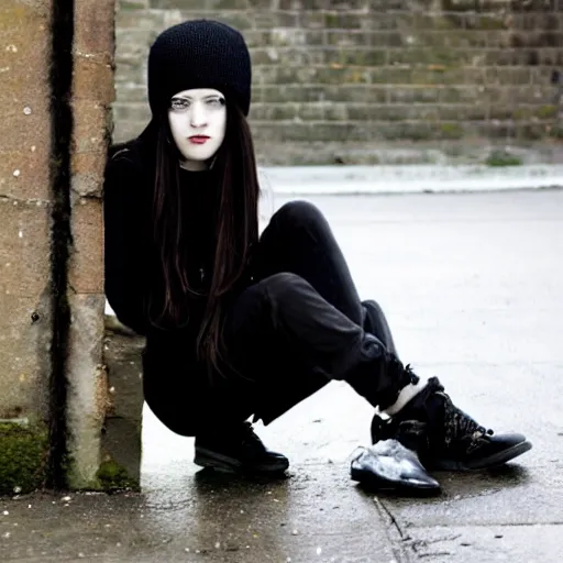 Prompt: an emo goth girl wearing a black beanie hat, British street background, black hair, 2006