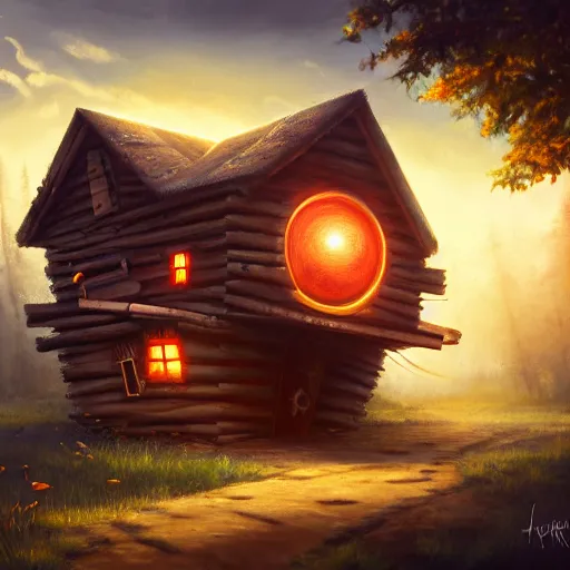 Image similar to a running wood and metal house with two legs and one big eye, rust, hyperrealistic, highly detailed, cinematic, single ray of sun, morning, pareidolia, gravity falls style, disney, beautiful, cgssociety, artstation, 8 k, oil painting, digital art