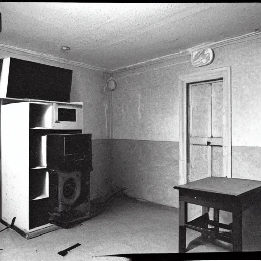 Prompt: Photograph of an old black room with a TV playing an emergency warning, dust in the air, brown wood cabinets, taken using a film camera with 35mm expired film, bright camera flash enabled, award winning photograph, creepy, liminal space