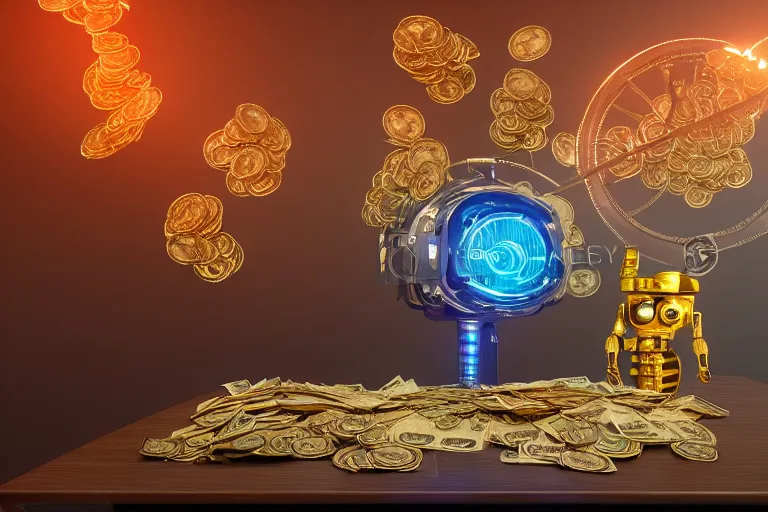 Prompt: photo of a golden and blue metal steampunk office robot with gears and tubes sitting in a modern office, on the office table and floor is a mountain of money bills, eyes are glowing red lightbulbs, shiny crisp finish, 3 d render, 8 k, insaneley detailed, fluorescent colors, background is multicolored lasershow