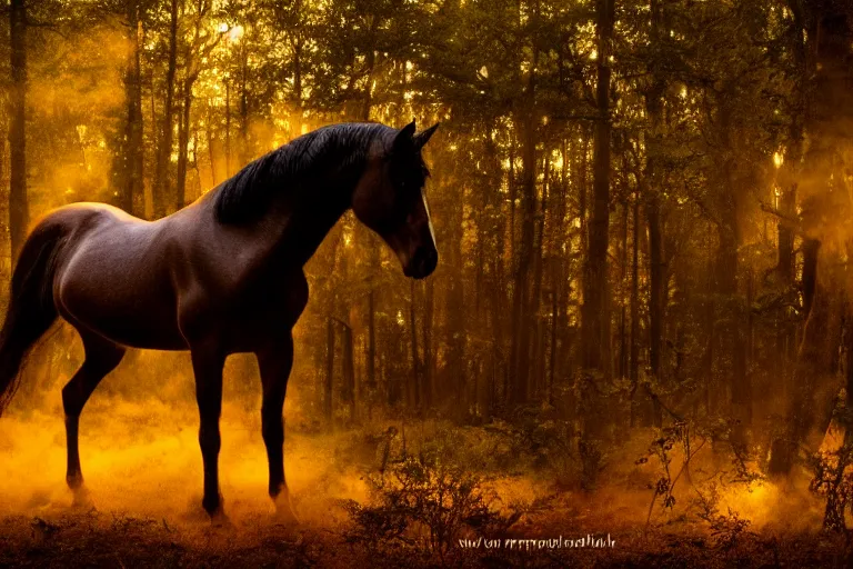 Image similar to beautiful horse in the forest evening natural light, fireflies, 85mm by Emmanuel Lubezki