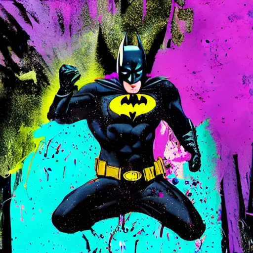 Image similar to batman breakdancing, splatter paint