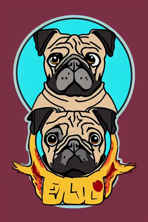 Image similar to Evil pug, sticker, blood thirsty, blood, evil, colorful, illustration, highly detailed, simple, smooth and clean vector curves, no jagged lines, vector art, smooth