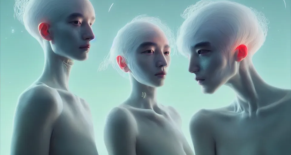 Prompt: portrait of yael shelbia and kang seul - gi, venus squid astronaut, white hair, intricate design details. cyberpunk symmetrical facial, by ruan jia and beeple. smooth gradients, deep space.