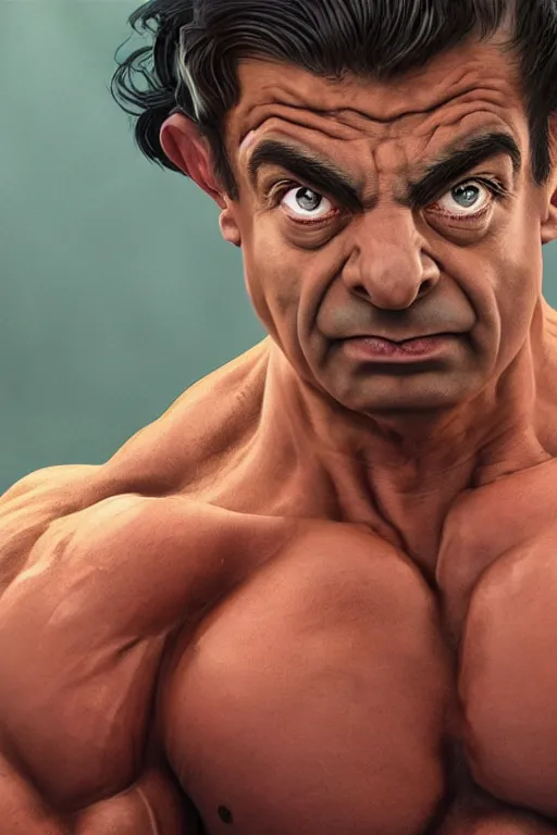 Image similar to upper body portrait of a hulking bulky swole steroids musclebound huge bodybuilder muscular herculean chiseled mr bean rowan atkinson, cinematic lighting, photorealistic, octane render, 8 k, depth of field, 3 d, art by artgerm and greg rutkowski and alphonse mucha and uang guangjian and gil elvgren and sachin ten