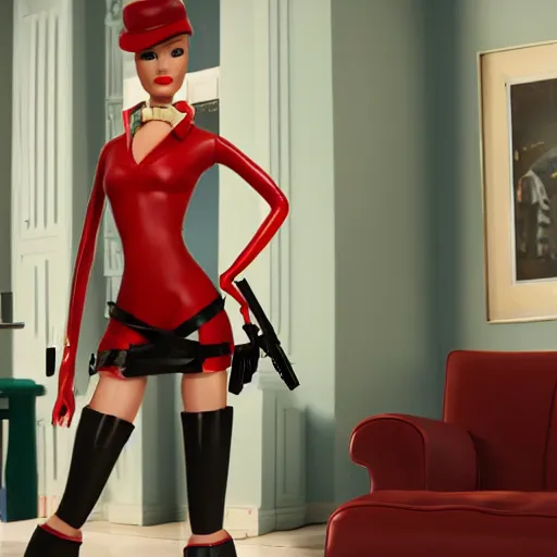 Image similar to amazing beautiful Spy from Team Fortress 2 barbie doll wearing leather in the living room, film still from the movie directed by Denis Villeneuve , wide lens