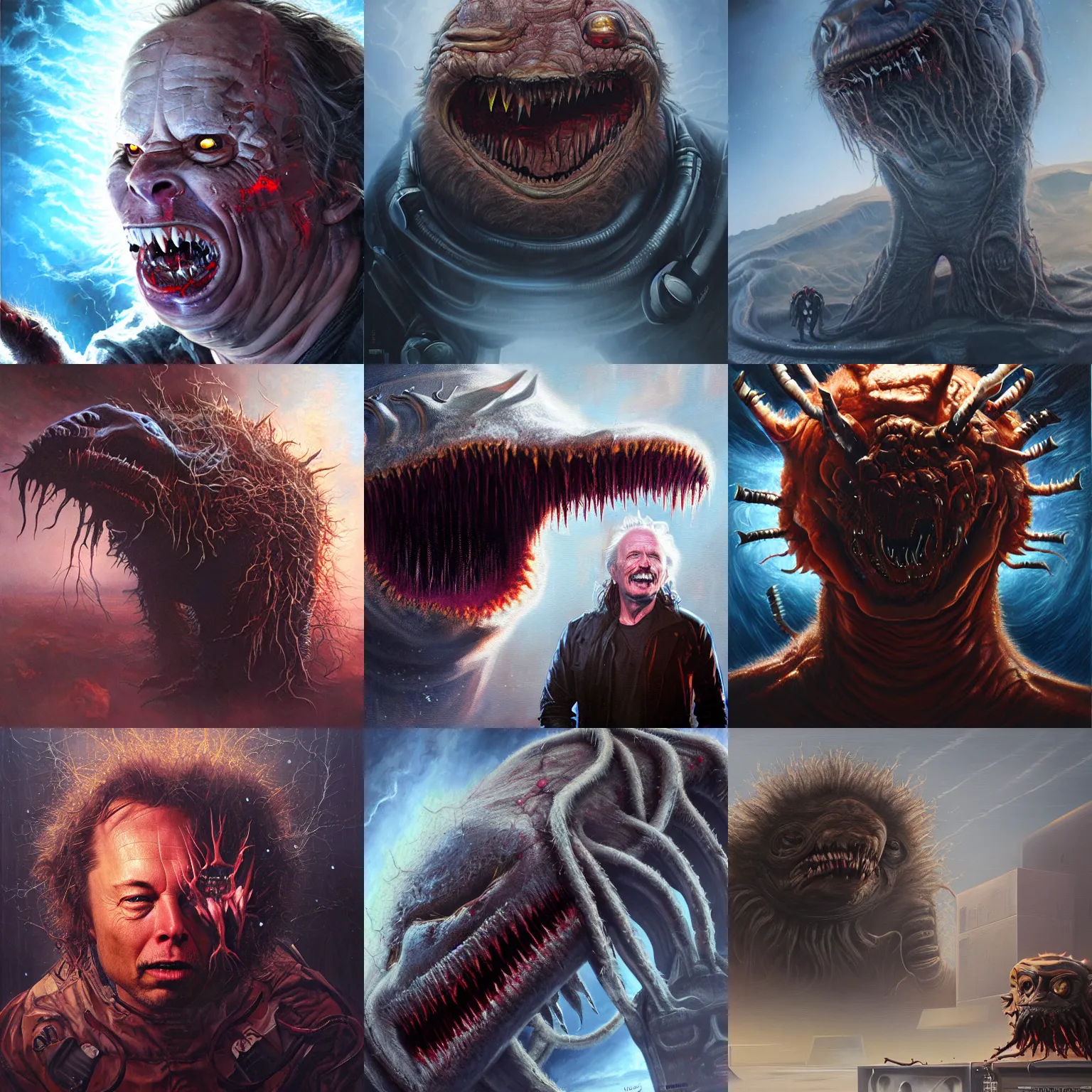 Prompt: elon musk, john carpenter's the thing, monstrous, oil painting, beautiful, high detail, cgsociety