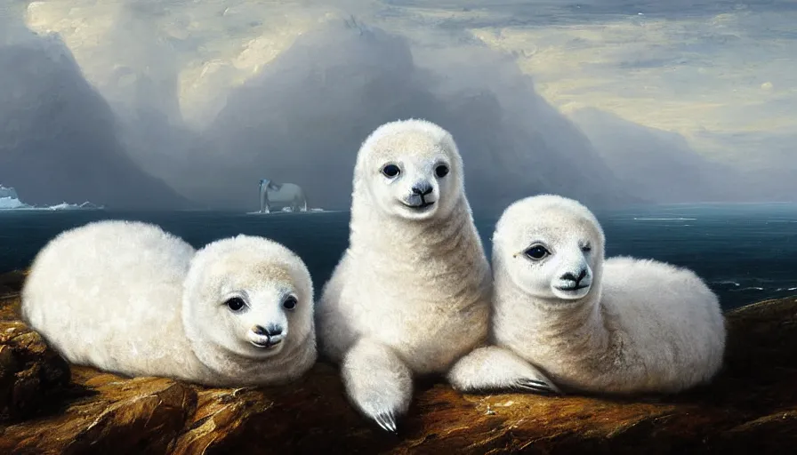 Image similar to highly detailed painting of cute furry white baby seal alpacas with big furry antlers cuddling into each other on a blue and white iceberg by william turner, by greg rutkowski, by william constable, thick brush strokes and visible paint layers, 4 k resolution