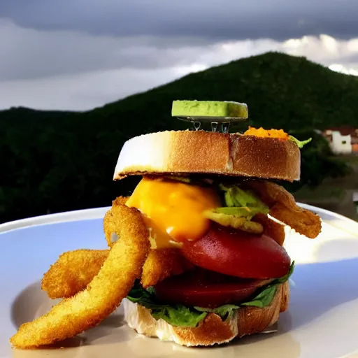 Image similar to sandwich with fried tofu, also one tomato slice, two onion rings, avocado and cheddar, over a dish and over a table, outside with a sunset and rainbow in the background with saturn and stars in the sky