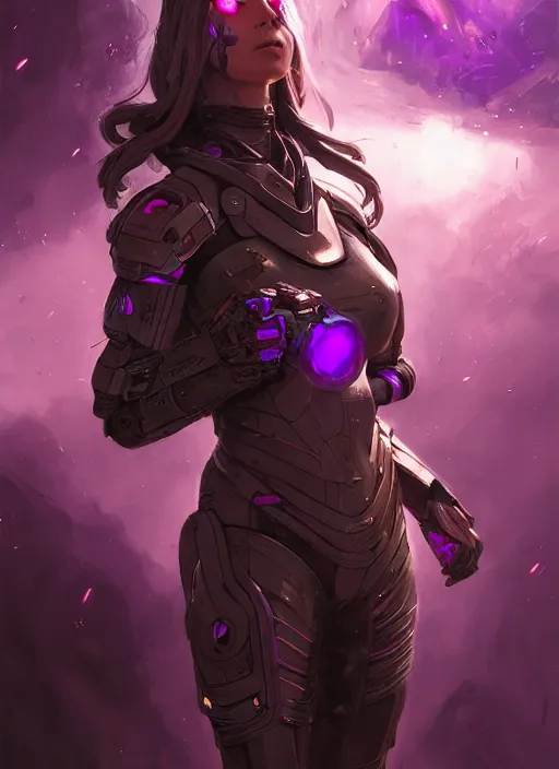 Prompt: painting, woman with brown eyes, sci - fi armor, purple flowing hair, beautiful, stoic face, gorgeous, face visible, scars, eyeliner, cinematic lighting, eva suit, wallpaper, extremely detailed, sharp focus, by greg rutkowski and [ [ [ wlop ] ] ], intricate, beautiful, award winning, trending on artstation, pixiv