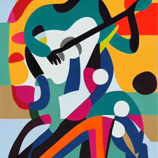 Image similar to portrait of a person playing guitar, abstract painting in the style of Sophie Taeuber-Arp and Gary Hume and Tatsuro Kiuchi, flat colour-block style, geometric abstraction, dark colours