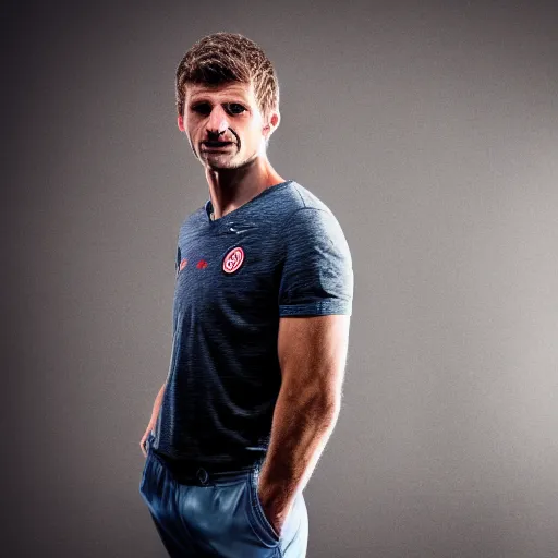 Prompt: thomas muller standing while posing for a photo, award winning photography, hdr, studio lighting, dynamic pose, medium close shot, shot on canon eos r 5, f / 2. 5,