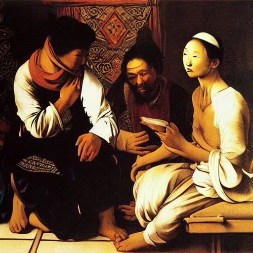 Image similar to traveler from the far east talking to a westerner, by caravaggio