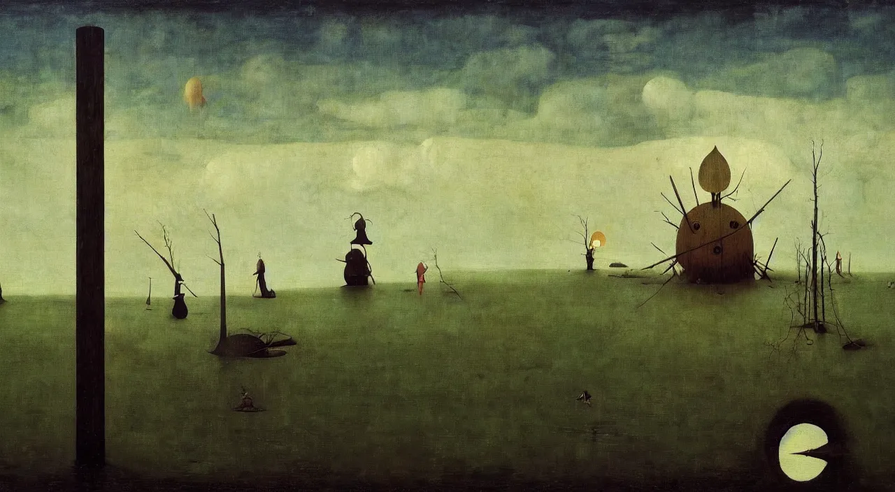 Image similar to single flooded wooden pole, very coherent and colorful high contrast masterpiece by franz sedlacek hieronymus bosch dean ellis simon stalenhag rene magritte gediminas pranckevicius, dark shadows, sunny day, hard lighting