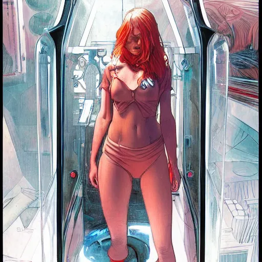 Prompt: a beautiful artwork of a girl with clothes standing inside a machine made of glass by Jerome Opeña, featured on artstation