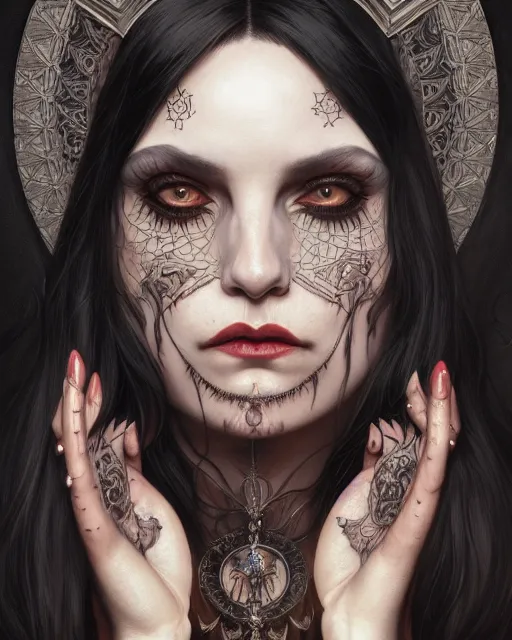 Image similar to portrait of a satanic witch, tattooed face, upper body, decorated, intricate, elegant, highly detailed, digital painting, artstation, concept art, smooth, sharp focus, illustration, art by artgerm and greg rutkowski and alphonse mucha, 8 k