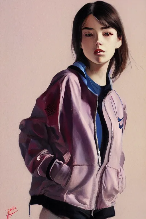 Image similar to A ultradetailed beautiful panting of a stylish girl with her hands in her pockets, she is wearing an oversized Nike jacket, Oil painting, by Ilya Kuvshinov, Greg Rutkowski and Makoto Shinkai