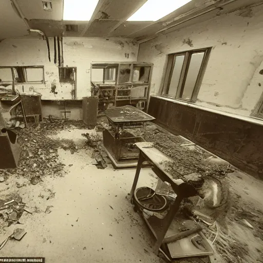 Image similar to 32mm photo of the interior a long abandoned lab, overgrown and equipment can be seen rusted with time, the memories of scientists can still be seen trying to find a cure shot on 35mm film